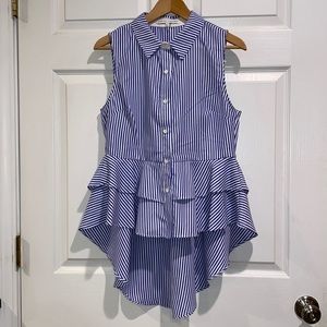 pinstripe high low sleeveless button down blouse